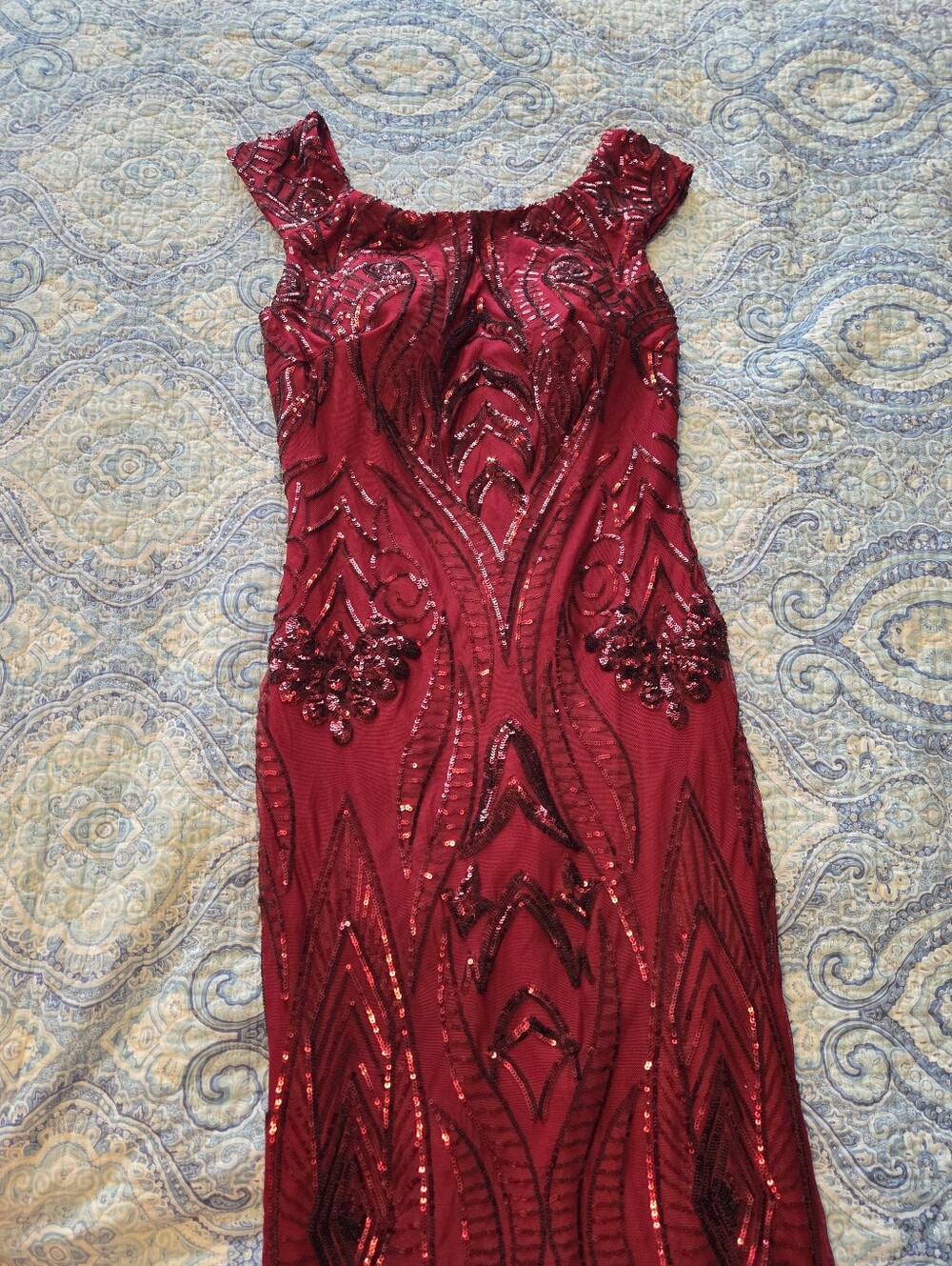 Angel Fashions Sequin Bateau Cap Sleeve V-Back Evening Maxi Dress Medium Prom